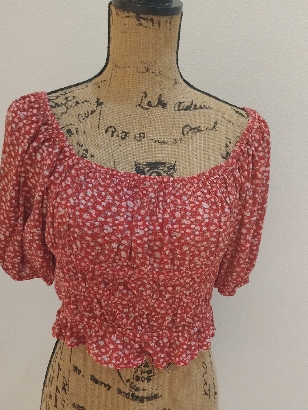Sim & Sam Red Floral Smocked Crop Top with Puff Sleeves - Women